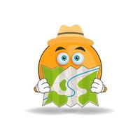 The Orange mascot character holds a map. vector illustration