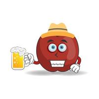 The Apple mascot character is holding a glass filled with a drink. vector illustration