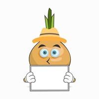 Onion mascot character holding a white blackboard. vector illustration