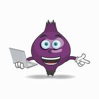 Purple onion mascot character with laptop in right hand. vector illustration