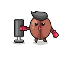coffee bean boxer cartoon doing training with punching bag vector
