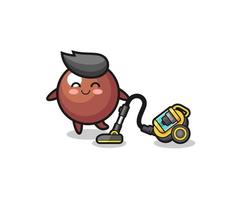 cute chocolate ball holding vacuum cleaner illustration vector