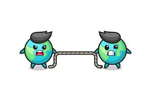 cute earth character is playing tug of war game vector