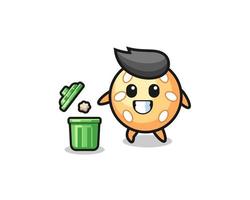 illustration of the sesame ball throwing garbage in the trash can vector