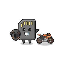 cute memory card cartoon as a motorcycle racer vector