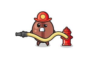 caricatura de grano de café como mascota bombero con manguera de agua