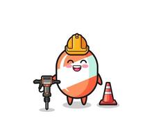 road worker mascot of candy holding drill machine vector