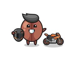 linda caricatura de grano de café como piloto de motocicleta