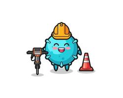 road worker mascot of virus holding drill machine vector