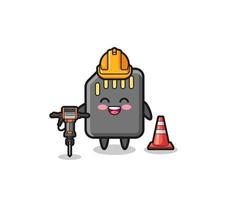 road worker mascot of memory card holding drill machine vector