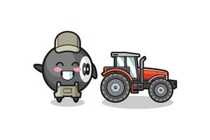 La mascota del granjero de billar de pie junto a un tractor. vector