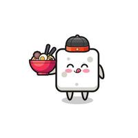 terrón de azúcar como mascota chef chino sosteniendo un tazón de fideos vector