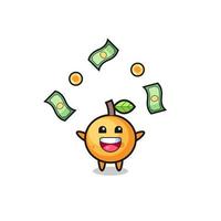 illustration of the orange fruit catching money falling from the sky vector