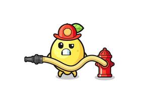 caricatura de limón como mascota bombero con manguera de agua