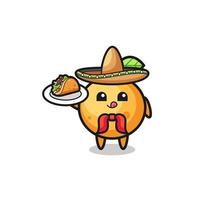 mascota de chef mexicano de fruta naranja sosteniendo un taco vector