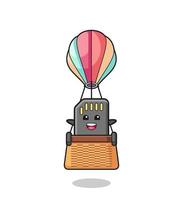 memory card mascot riding a hot air balloon vector