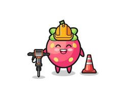 road worker mascot of strawberry holding drill machine vector