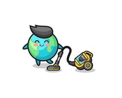 cute earth holding vacuum cleaner illustration vector