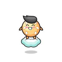 cute sesame ball illustration riding a floating cloud vector