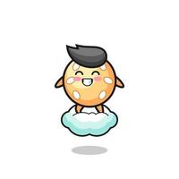 cute sesame ball illustration riding a floating cloud vector