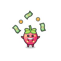 illustration of the strawberry catching money falling from the sky vector