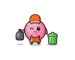 the mascot of cute yarn ball as garbage collector vector