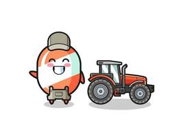 the candy farmer mascot standing beside a tractor vector