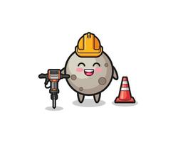 road worker mascot of moon holding drill machine vector