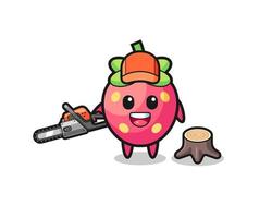 strawberry lumberjack character holding a chainsaw vector