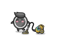 cute hockey puck holding vacuum cleaner illustration vector