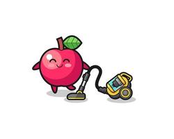 cute apple holding vacuum cleaner illustration vector