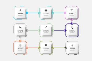 Medical  infographic thin line process with square template design with icons and 9 options or steps. Vector illustration.