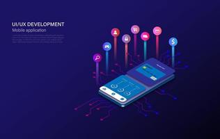 Mobile app development vector illustration. Isometric mobile phone with application. User experience, user interface. Gadget software.