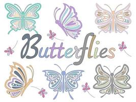 Set of butterflies in pastel tones designed in doodle style vector