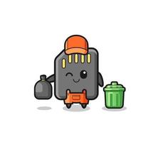 the mascot of cute memory card as garbage collector vector