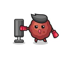 meatball boxer cartoon doing training with punching bag vector