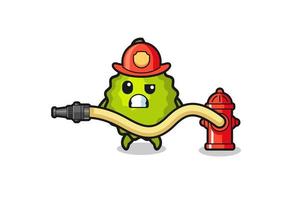 caricatura de durian como mascota bombero con manguera de agua vector