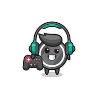 hockey puck gamer mascot holding a game controller vector