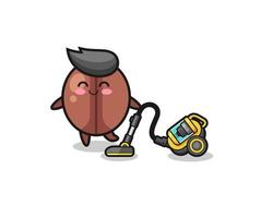 cute coffee bean holding vacuum cleaner illustration vector