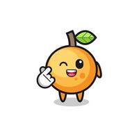 personaje de fruta naranja haciendo corazón de dedo coreano vector