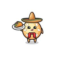 Bola de sésamo mascota chef mexicano sosteniendo un taco vector