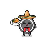 mascota de chef mexicano de disco de hockey sosteniendo un taco vector