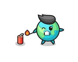 earth mascot illustration playing firecracker vector