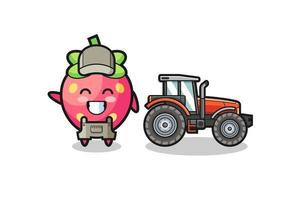 the strawberry farmer mascot standing beside a tractor vector