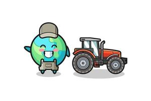 the earth farmer mascot standing beside a tractor vector