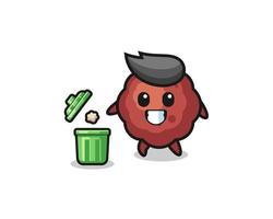 illustration of the meatball throwing garbage in the trash can vector