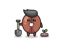 cute coffee bean cartoon is planting a tree seed vector