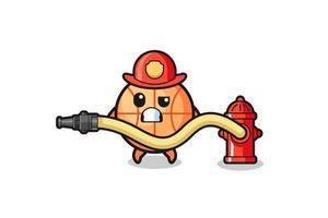 caricatura de baloncesto como mascota bombero con manguera de agua vector
