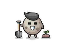 cute moon cartoon is planting a tree seed vector