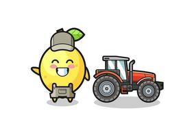 the lemon farmer mascot standing beside a tractor vector